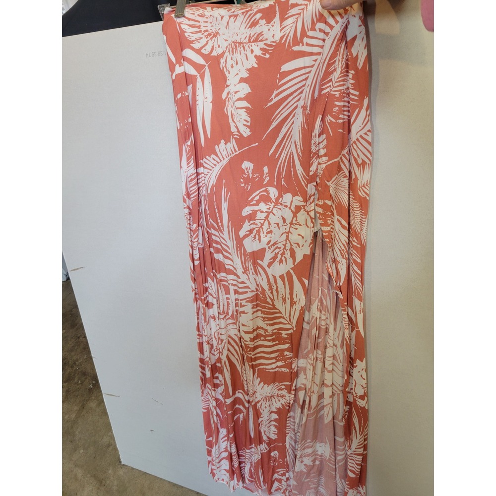 Lira Womens Tropical Palm Leaf Print Maxi‎ Skirt Coral White High Slit XS 1407